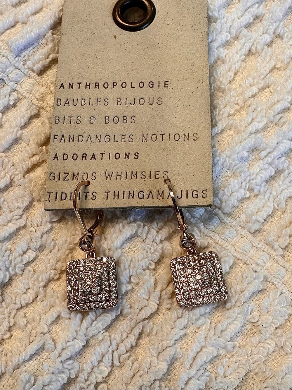 Anthropologie Rose Gold Pave Square Drop Earrings